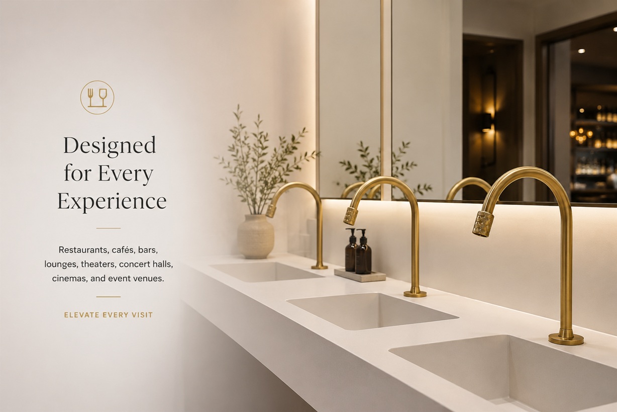Brass faucets in a modern restaurant and event venue restroom