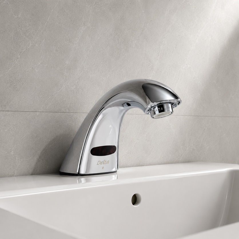 Delta hybrid touchless faucet with LED temperature indicator for family kitchen use