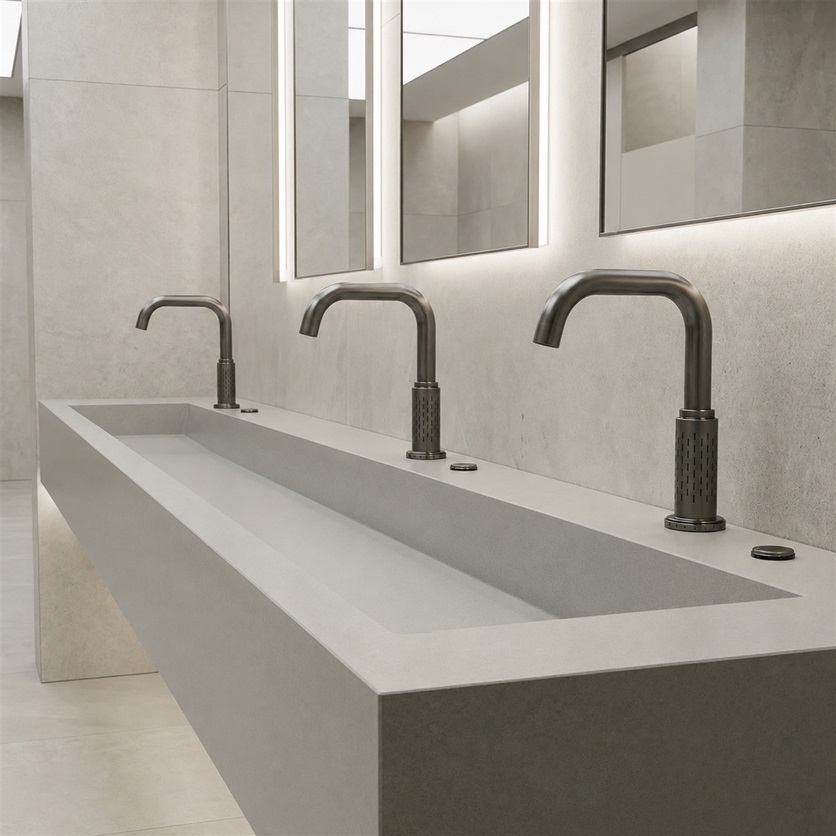Commercial trough sink touchless faucets illustrating coordinated commissioning of repeated wash stations