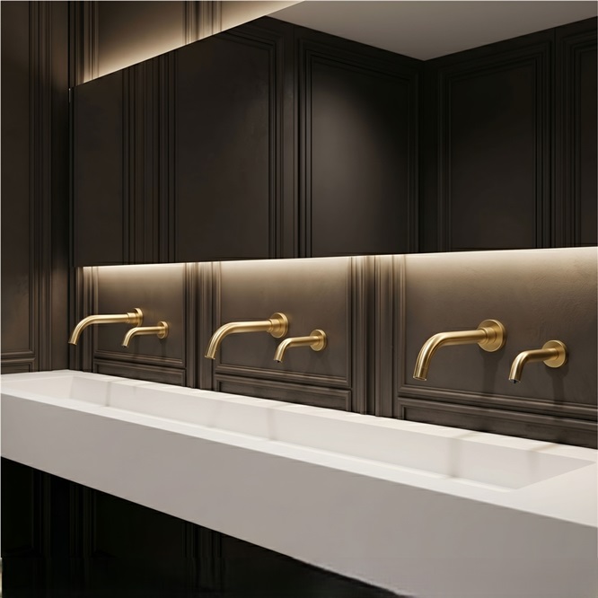 Fontana HydroVibe gold wall-mounted trough faucets