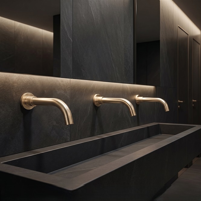 Fontana Halo AquaSense commercial wall-mount faucet system illustrating predictable activation and organized wash-station design
