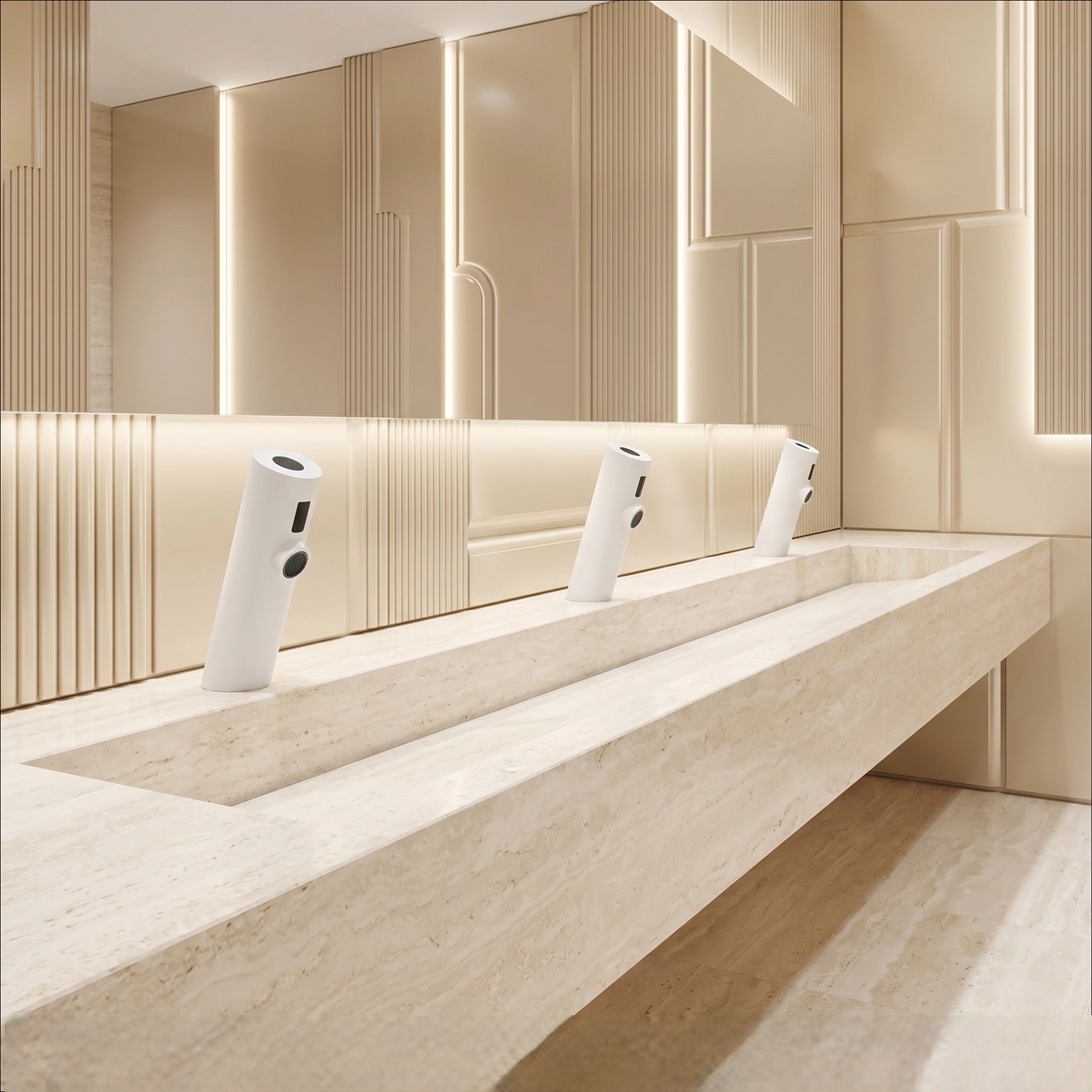 Architectural visualization of a high-capacity stadium restroom planned for intense peak demand