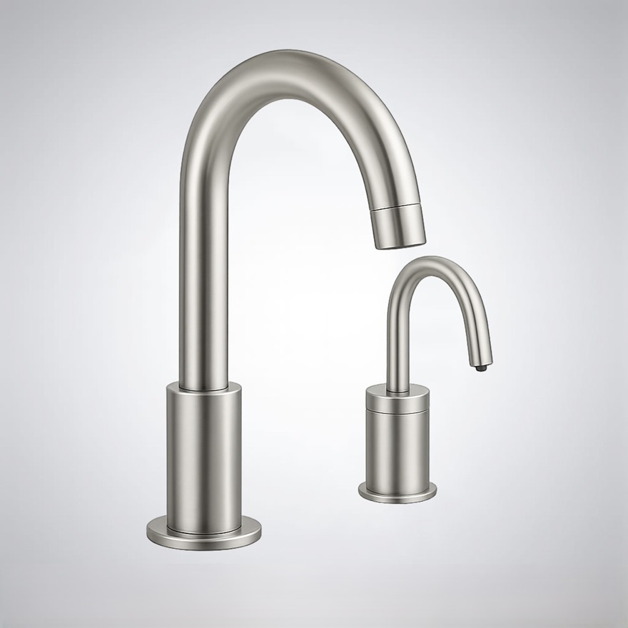 Three commercial touchless faucets aligned over a trough sink for consistent sensor-zone planning