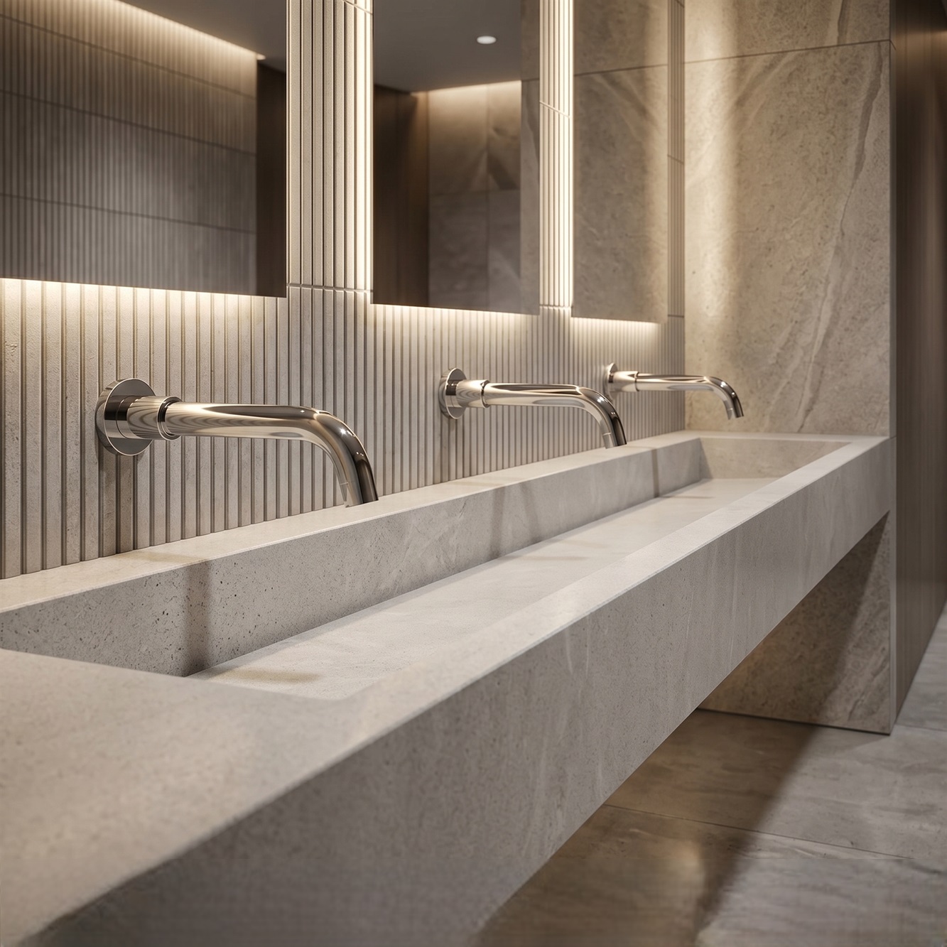 Standardized commercial restroom sink stations with repeated touchless faucet placement