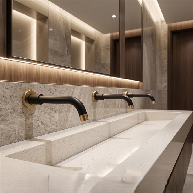 Commercial sensor faucet operating over a stone basin for touchless faucet maintenance and performance review