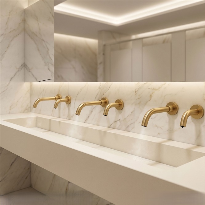 Touchless faucet sensor technology and automatic water activation in a commercial lavatory