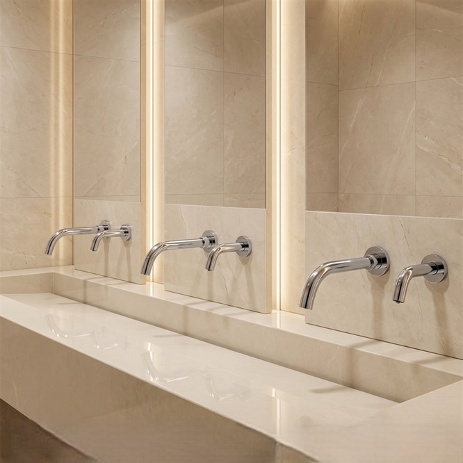 Light-blue architectural graphic representing maintainable and standardized mega-venue restroom systems