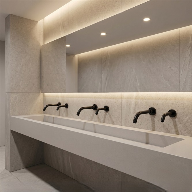 Infrared touchless faucet response zone showing hands beneath a sensor-operated spout