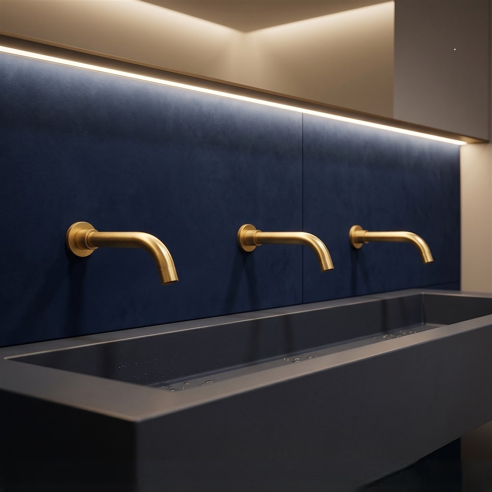 Matte black touchless faucet in modern restroom