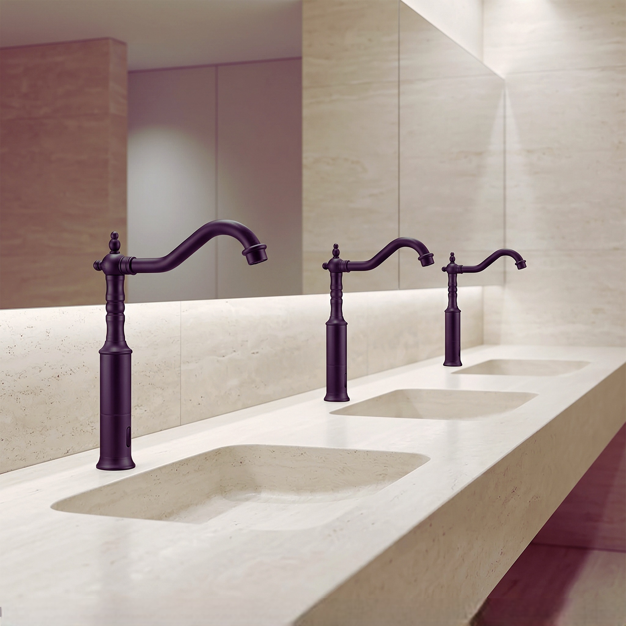 Commercial trough sink with wall mounted touchless faucets