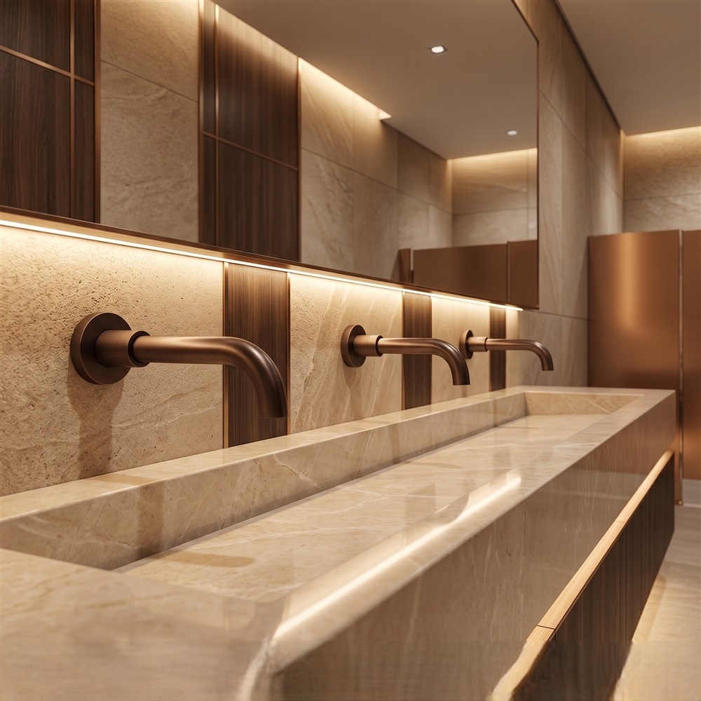 Gold touchless faucets in commercial restroom